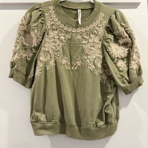 Anthropologie Olive Green Embroidered Shirt